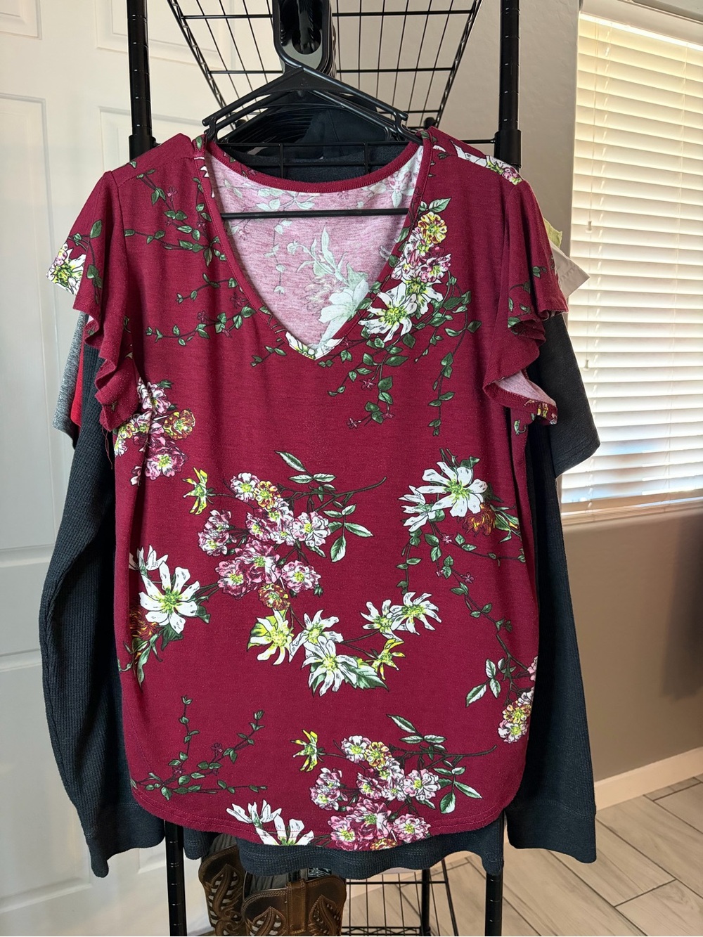 Amazon Wine Floral V-Neck Ruffle Sleeve Blouse